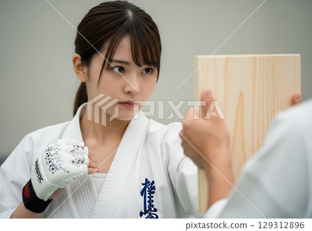 一名女子正在練習空手道板斷裂 129312896