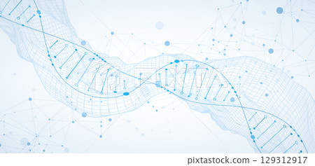 Abstract image of DNA molecule on wireframe wave. Scientific vector background. 129312917