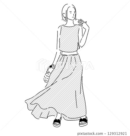 身穿無袖上衣和長裙的夏季服裝的女性的線條畫 129312921