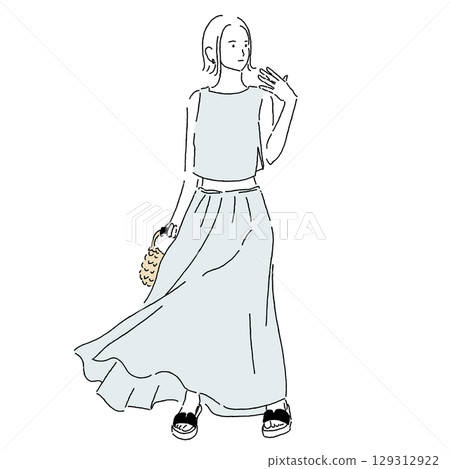 Color fashion illustration of a woman in a summer outfit with a sleeveless top and long skirt 129312922
