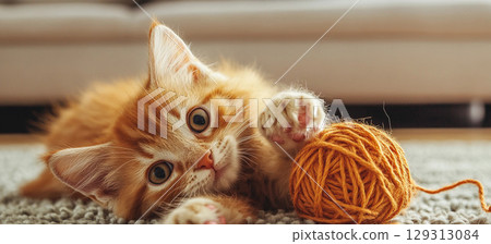 Cute ginger kitten playing with a ball of yarn on a carpet at home in a cozy environment Cute ginger kitten playing with a ball of yarn on a carpet at home in a cozy environment 129313084