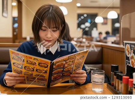 一位女士在家庭餐廳看菜單 129313093