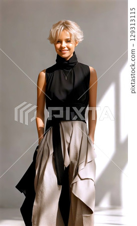 Fashion model posing in studio, wearing black top, beige pants, black belt, short blond hair, minimalist necklace, radiating confidence 129313115