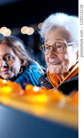 Happy senior woman wearing eyeglasses and winter clothes, enjoying the festive atmosphere of a Christmas market with her daughter, surrounded by blurred lights creating a warm, joyful scene 129313116