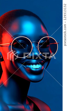 Close up portrait of a cheerful fashion model wearing round eyeglasses, smiling under red and blue neon lights, creating a vibrant and modern atmosphere 129313132
