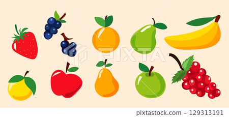 A vibrant collection of various fruits and berries is displayed, featuring strawberries, bananas, grapes, and more, all designed as a fun and colorful vector illustration 129313191