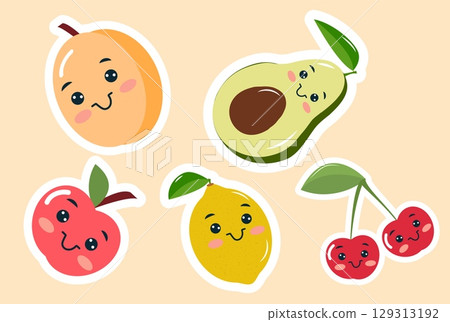 This vibrant vector illustration features adorable fruit and berry characters, including cherries and an avocado, designed as cheerful stickers. They display happy faces and bright colors 129313192