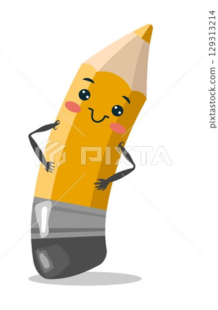 A friendly pencil character stands proudly with arms crossed, emphasizing education and creativity in a school setting. The bright colors and playful design promote a fun atmosphere for learning 129313214