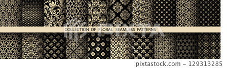 Geometric floral set of seamless patterns. Golden and black vector backgrounds. Damask graphic ornaments 129313285