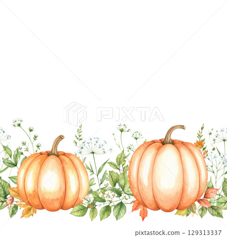 Orange Halloween pumpkin with fall leaves isolated on white background Orange Halloween pumpkin with fall leaves isolated on white background 129313337