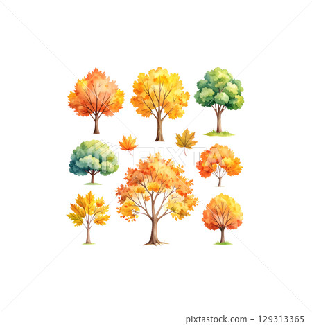 Autumn Trees Collection: Bright Fall Leaves Isolated on White Background Autumn Trees Collection: Bright Fall Leaves Isolated on White Background 129313365