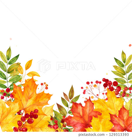 Golden falling leaves frame a bright autumn background. Beautiful maple leaf border represents the colorful season isolated on white background. Golden falling leaves frame a bright autumn background. Beautiful maple leaf border represents the colorful season isolated on white background. 129313393