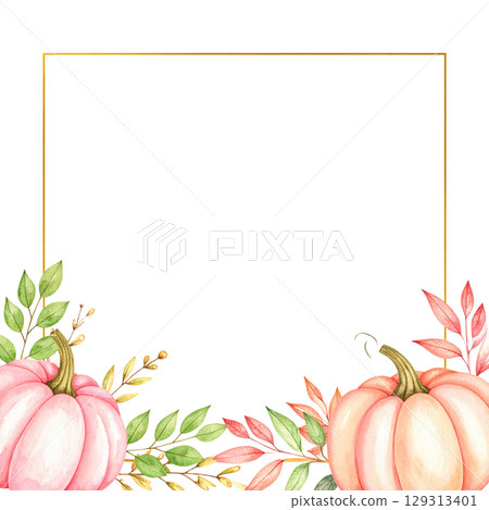 Pumpkin frame and autumn leaves for fall harvest holiday design isolated on white background 129313401