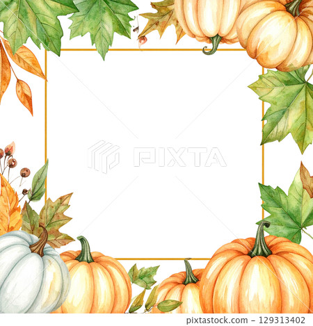 Pumpkin frame and autumn leaves for fall harvest holiday design isolated on white background Pumpkin frame and autumn leaves for fall harvest holiday design isolated on white background 129313402