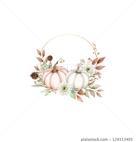 White flowers, pumpkins and autumn leaves create a festive floral frame isolated on a white background 129313405
