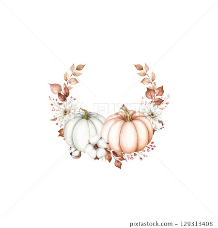 White flowers, pumpkins and autumn leaves create a festive floral frame isolated on a white background 129313408