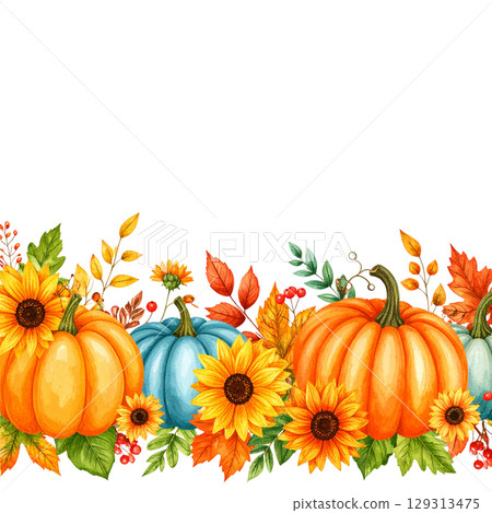 Pumpkin frame and autumn leaves for fall harvest holiday design isolated on white background Pumpkin frame and autumn leaves for fall harvest holiday design isolated on white background 129313475
