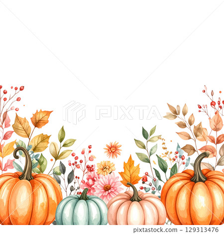 Pumpkin frame and autumn leaves for fall harvest holiday design isolated on white background 129313476