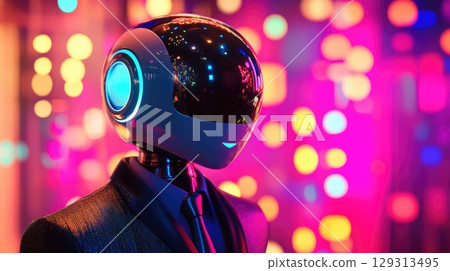 cool robot with sunglasses on disco background illustration 129313495