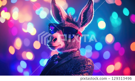 cool party donkey with sunglasses on colorful disco background illustration 129313496