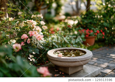 Charming Stone Birdbath Surrounded by Colorful Flowering Plants in a Lush Garden 129313596