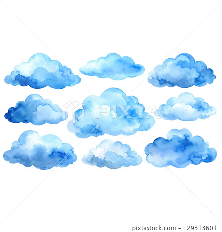 Illustration of fluffy blue sky clouds and seamless pattern of clouds 129313601