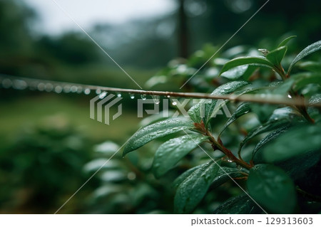 Close-Up of Dewy Green Leaves with Water Droplets in a Lush Garden Setting 129313603