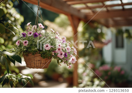 Hanging Flower Basket With Colorful Petunias Under Wooden Pergola in Daylight 129313650