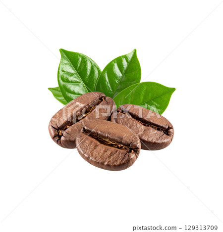 Roasted brown coffee beans isolated on white background Roasted brown coffee beans isolated on white background 129313709