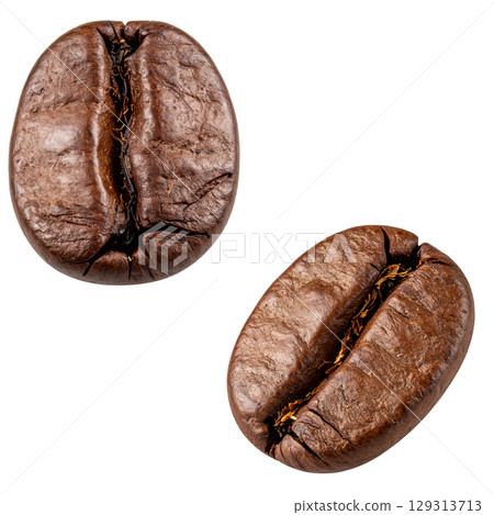 Roasted brown coffee beans isolated on white background 129313713