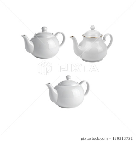 White ceramic teapot isolated on white background 129313721