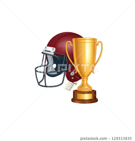 Some golden trophies with soccer balls as symbols of sports victory on white background. 129313835