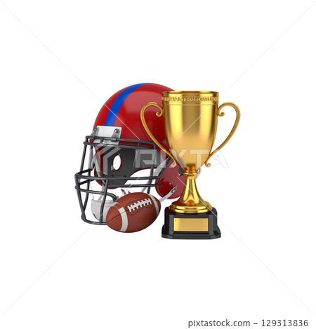 Some golden trophies with soccer balls as symbols of sports victory on white background. 129313836