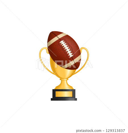 Some golden trophies with soccer balls as symbols of sports victory on white background. 129313837