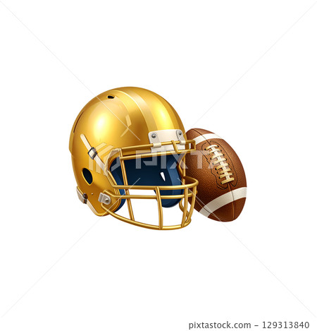 Golden football helmet isolated for sports protection and game competition on white background Golden football helmet isolated for sports protection and game competition on white background 129313840