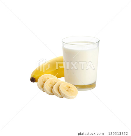 Refreshing milk and fruit drink, a glass of milk with banana on a white background. 129313852