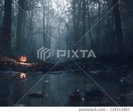 Spooky Halloween Jack O Lantern Glowing in Dark Forest with Foggy Atmosphere and Creepy Trees Spooky Halloween Jack O Lantern Glowing in Dark Forest with Foggy Atmosphere and Creepy Trees 129313865