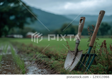Rustic Garden Tools in Rainy Field with Green Vegetation and Distant Mountains Rustic Garden Tools in Rainy Field with Green Vegetation and Distant Mountains 129313966