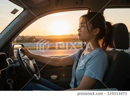 A female driver who seems tired and sleepy from driving 129313973