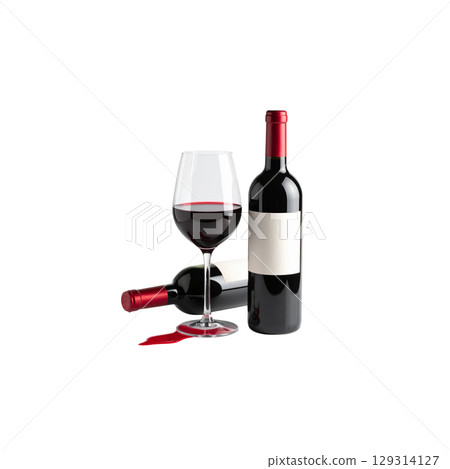 Red wine bottle with blank label and glass isolated on white on white background. 129314127