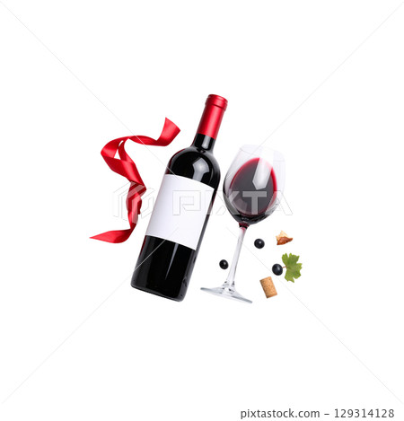 Red wine bottle with blank label and glass isolated on white on white background. Red wine bottle with blank label and glass isolated on white on white background. 129314128