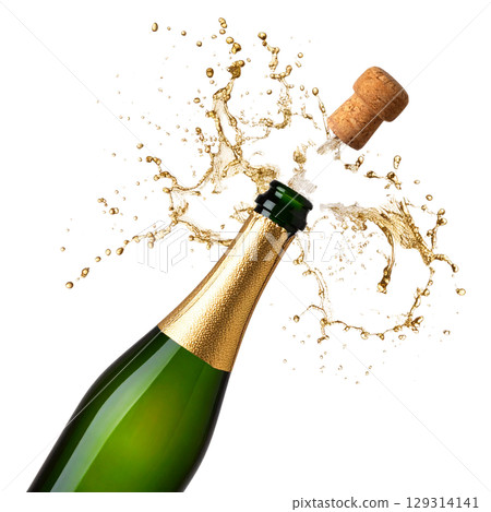 Isolated champagne bottle with cork, glass and bubbles for New Year celebration on white background. 129314141