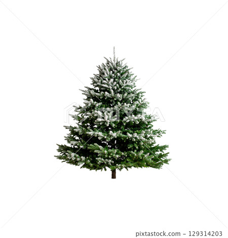 Isolated green Christmas tree with decorations on white background 129314203