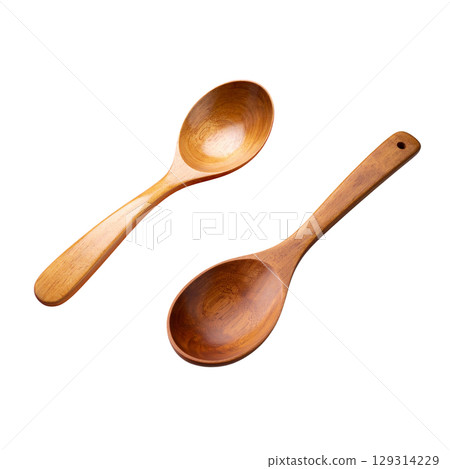 A wooden kitchen spoon and fork utensil set, isolated on a white background A wooden kitchen spoon and fork utensil set, isolated on a white background 129314229