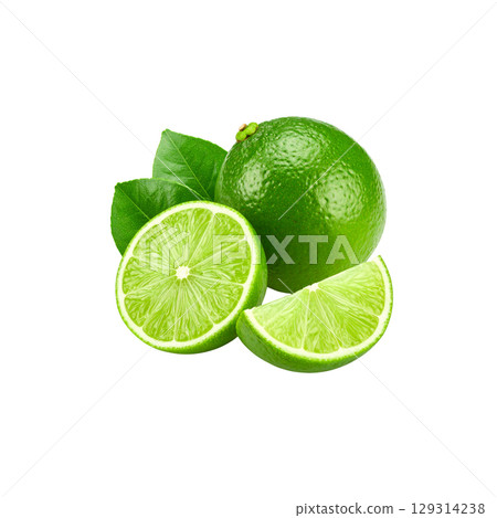 Fresh and juicy citrus fruits oranges, lemons and limes cut into pieces isolated on white background. Fresh and juicy citrus fruits oranges, lemons and limes cut into pieces isolated on white background. 129314238