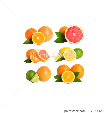Fresh and juicy citrus fruits oranges, lemons and limes cut into pieces isolated on white background. Fresh and juicy citrus fruits oranges, lemons and limes cut into pieces isolated on white background. 129314239