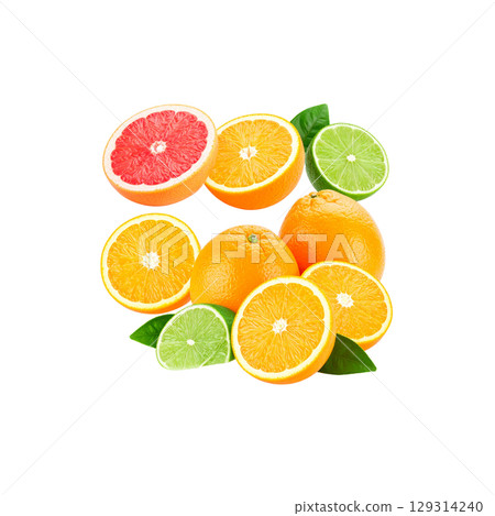 Fresh and juicy citrus fruits oranges, lemons and limes cut into pieces isolated on white background. Fresh and juicy citrus fruits oranges, lemons and limes cut into pieces isolated on white background. 129314240