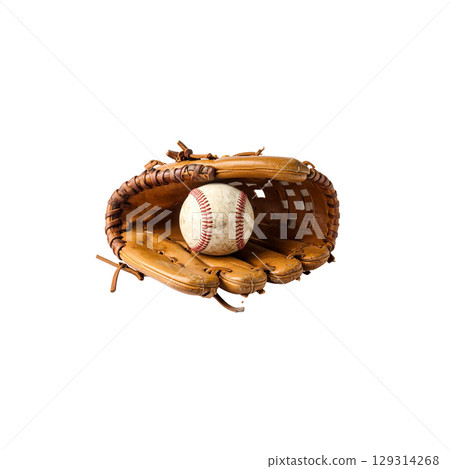 Old leather baseball glove on white background Old leather baseball glove on white background 129314268