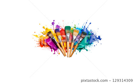 Splashes of color and artistic brushwork create an explosion of vibrant design on a white background. 129314309