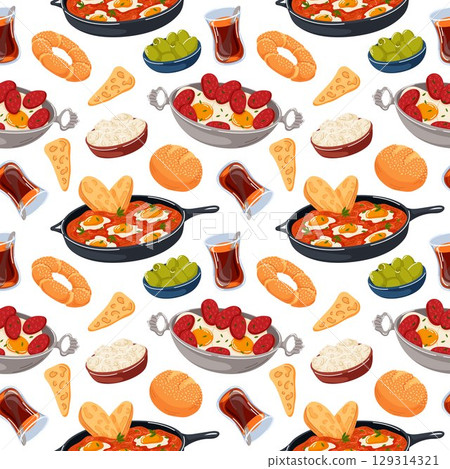 Seamless pattern with traditional Turkish breakfast, tea, eggs, sausage, bread, olives, cheese and pastry. Perfect for food packaging, menu design and culinary project. Seamless pattern with traditional Turkish breakfast, tea, eggs, sausage, bread, olives, cheese and pastry. Perfect for food packaging, menu design and culinary project. 129314321